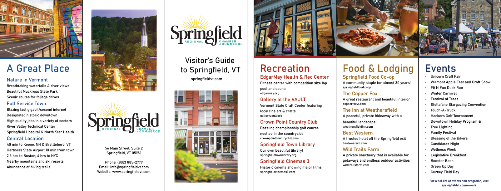 Springfield, VT's official Visitor's Guide featuring a modern clean layout with bright and happy images and information about our town.